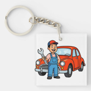 Lieve Cartoonmonteur met Illustratie van Rode Auto Sleutelhanger