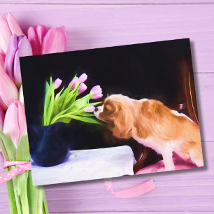 Lieve Cavalier King Charles & Roze Tulpen Briefkaart