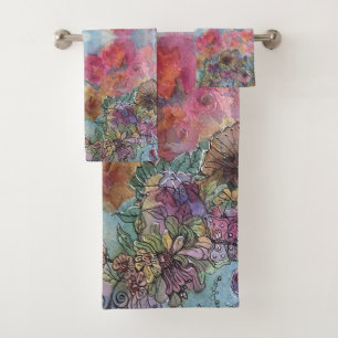 Lieve Chique Bloementuin Aquarel Schildering  Bad Handdoek