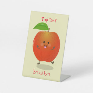 Lieve dansende appel cartoon illustratie reclamebord met voetstuk