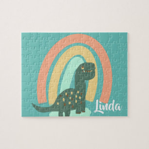 Lieve dinosaurus en regenboog kleurrijke kinderkun legpuzzel