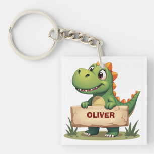 Lieve dinosaurus met naam bord gepersonaliseerd sleutelhanger