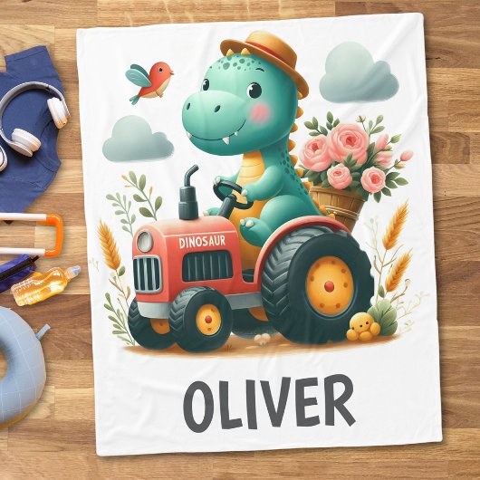 Lieve dinosaurus op rode tractor  fleece deken