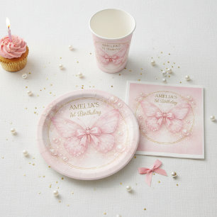 Lieve één Pink vlinder 1e verjaardag meisje Servet