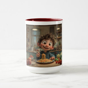 Lieve Geanimeerde Jongen Die Spaghetti Pasta Koffi Mok