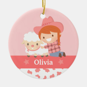 Lieve Gelukkige Cowgirl met Lammetjes Meisjes Pers Keramisch Ornament