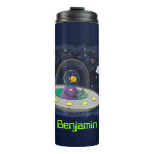 Lieve gelukkige vis ufo ruimte cartoon illustratie thermosbeker