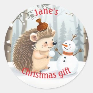 Lieve gepersonaliseerde egel en sneeuwman ronde sticker