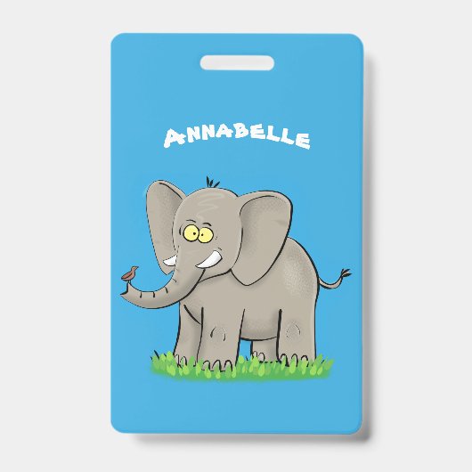 Lieve grappige olifant met vogel op slurf cartoon badge (Voorzijde)