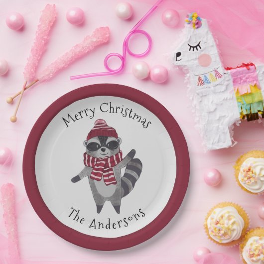 Lieve grijze en rode aquarel Kerstwasbeer Papieren Bordje (Feest)