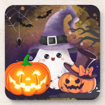Lieve Halloween Geest met Heksenhoed en Pompoenen