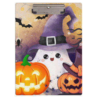 Lieve Halloween Geest met Heksenhoed en Pompoenen Klembord