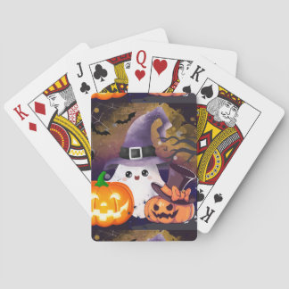 Lieve Halloween Geest met Heksenhoed en Pompoenen Pokerkaarten
