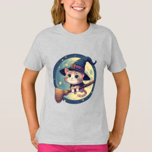 Lieve Heksenkat Ridt op Bezem in Maneschijn Thema T-shirt