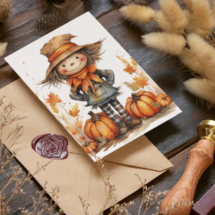 Lieve herfstschrik met pompoen en bladeren kaart