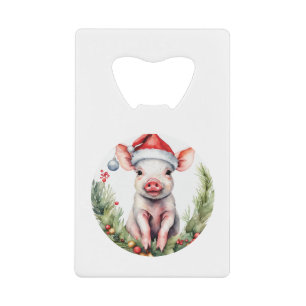 Lieve illustratie van een kerstbiggetje met kredietkaart flessenopener