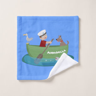 Lieve jongenszeiler en hond in roeiboot cartoon bad handdoek