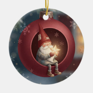 Lieve Kabouter in Rode Kerstbal Keramisch Ornament