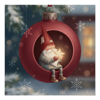 Lieve Kabouter in Rode Kerstbal Perfect Poster