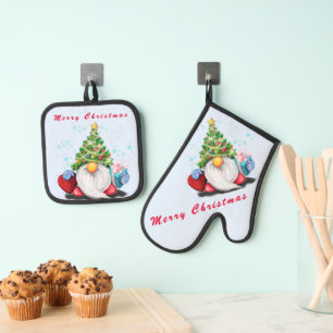 Lieve kabouter met kerstboomhoed en cadeau ovenwant & pannenlap set
