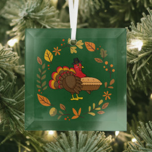 Lieve kalkoen met pompoentaart Thanksgiving Glas Ornament