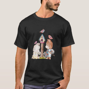 Lieve katten met vogels in vintage patchwork t-shirt