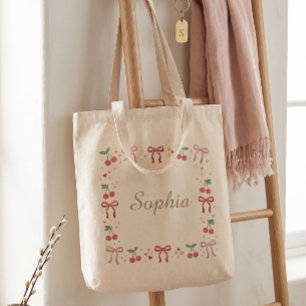 Lieve Kers en Lint Coquette Aangepaste Naam Tote Bag