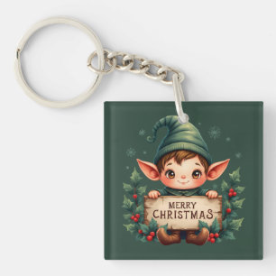 Lieve Kerstelf met vrolijk bord Groen Sleutelhanger