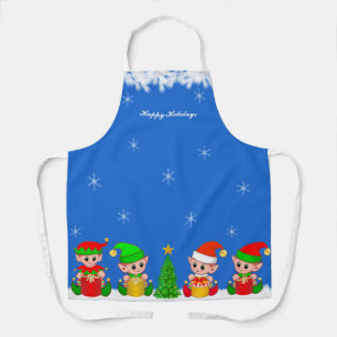 Lieve Kerstelfjes & Sneeuwvlokken op Blauw Schort
