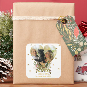 Lieve kerstfoto van Glitter Stars Heart Vierkante Sticker