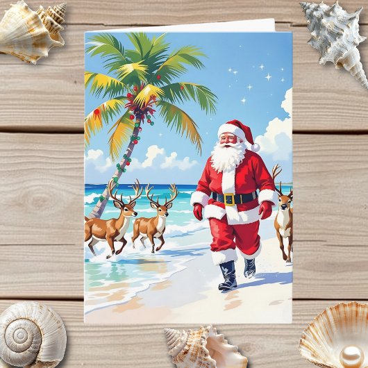 Lieve Kerstman op het strand en fototemplate Kerst Feestdagen Kaart