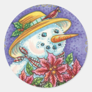 Lieve Kerstmeisje Sneeuwman met Poinsettia Ronde Sticker