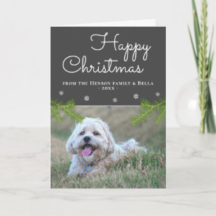 Lieve Kerstmis Dennentakken Sneeuwvlok Hond Foto Kaart