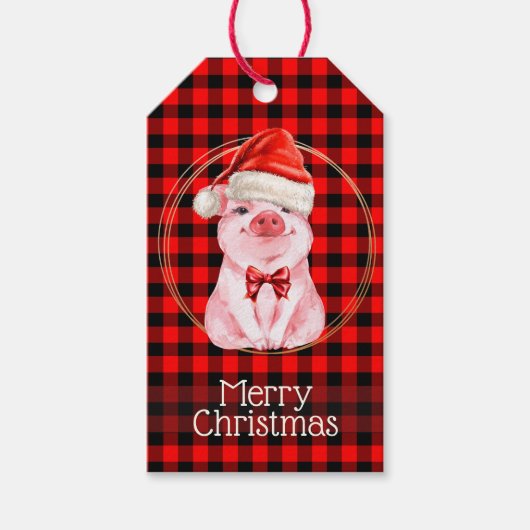 Lieve Kerstvarken Met Buffalo Stippelpatroon Rood  Cadeaulabel (Voorkant)