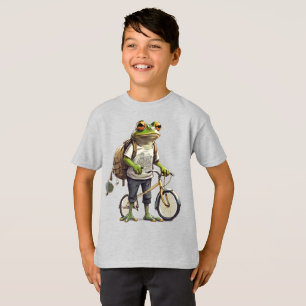 Lieve kikker in T-shirt en rugzak fiets 