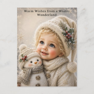 Lieve kind en sneeuwman kerstkaart feestdagenkaart