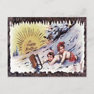 Lieve Kinderen Slede Sneeuw Zon Sledenrijden Briefkaart