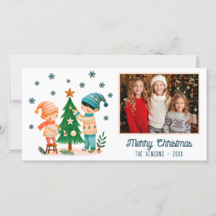 Lieve Kinderen Versieren Kerstboom Foto Feestdagenkaart