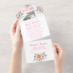 Lieve Kitten Flowers Roze Het is een meisje Baby s All In One Uitnodiging