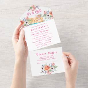 Lieve Kitten Flowers Roze Het is een meisje Baby s All In One Uitnodiging