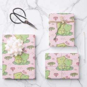Lieve Knuffelende Kikkers in Liefdespatroon Roze Inpakpapier Vel