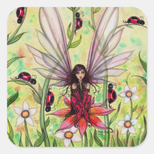 Lieve Lieveheersbeestje Fee Fantasie Kunst Illustr Vierkante Sticker