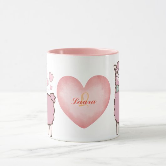 Lieve Llama Met Roze Hartjes Meisjesnaam Monogram Mok (Midden)