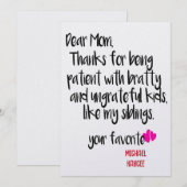 Lieve mama bedankt voor je geduld Moederdag kaart (Voorkant / Achterkant)