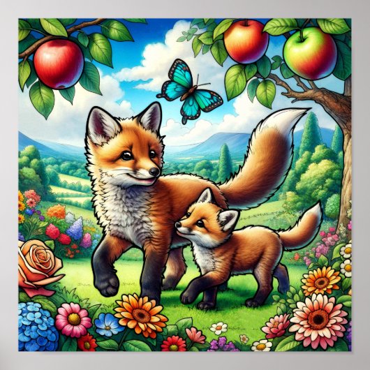 Lieve moeder en baby vos in een kleurrijke bloemen poster (Voorkant)