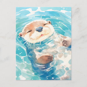 Lieve Otter in Waterverf Drijvend in Blauwe Watere Briefkaart