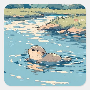 Lieve Otter Zwemt in Zonnige Rivier Vierkante Sticker