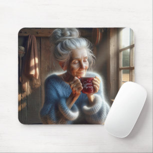 Lieve oude dame met koffie in de ochtend muismat