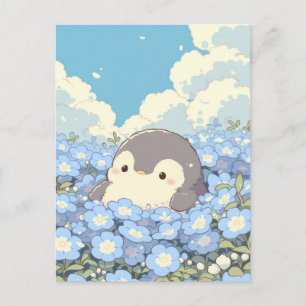 Lieve Pinguïn in Blauwe Bloemenweide Briefkaart