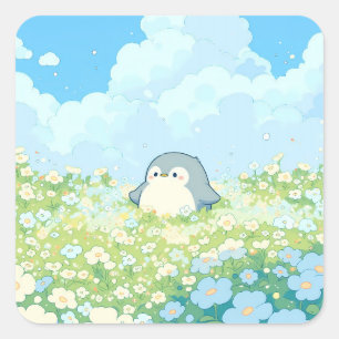 Lieve pinguïn in blauwe lentewiese vierkante sticker